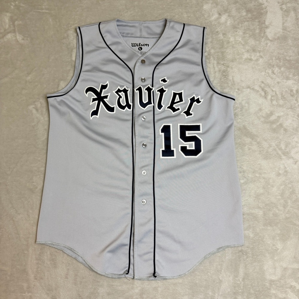 VTG Wilson Xavier Musketeers 15 Baseball Jersey Mens L Gray Sleeveless NCAA EUC